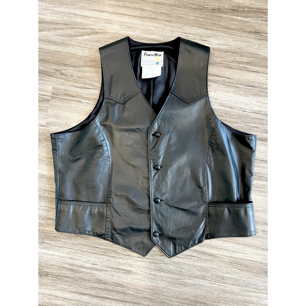 Vintage 1970s Pioneer Wear Vest Black Leather Biker 70s Western XXL 2X Size 50 L